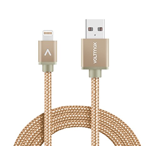 Apple MFi certified Lightning Cable, Voltmax Nylon-braided iPhone charger with reinforced aramid fiber for iPhone X iPhone 8/8Plus, iPad, Air pods&more(Gold-6ft)
