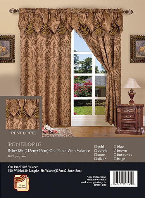 Set of 2 Penelopie Jacquard Look Curtain Panels with Attached Austrian Valance (Brown)