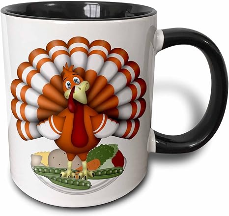 3dRose Cute Large Orange Thanksgiving Turkey On Vegetables Mug, 1 Count (Pack of 1), Black