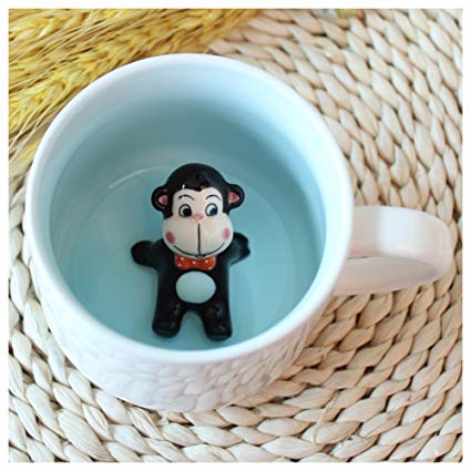 3D Cute Cartoon Miniature Animal Figurine Ceramics Coffee Cup - Baby Monkey Inside, Best Office Cup & Birthday Gift (Monkey)