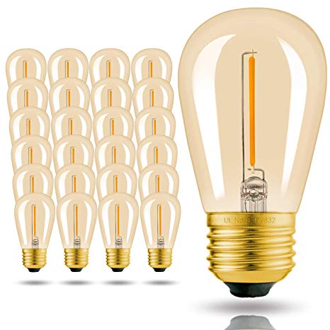 Hizashi - 25 Pack 2200K LED S14 1 Watt Dimmable Bulb E26, String Light Replacement Bulbs - Equal to 11W Incandescent Bulbs - Amber LED Edison Filament Bulbs for Outdoor Patio String Light, UL Listed