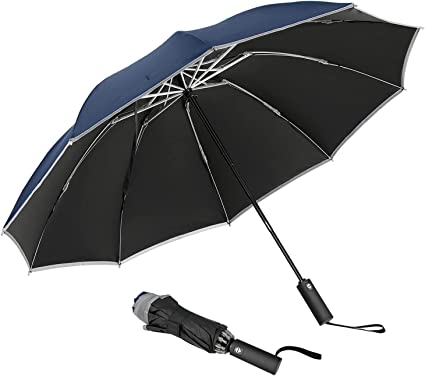 MoKo Windproof Travel Folding Automatic Umbrellas, Inverted Auto Open Close 10 Ribs Collapsible Compact Outdoor Rain Sun Umbrella with Reflective Stripe