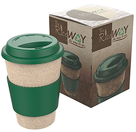 REUSABLE ECO TRAVEL MUG Coffee Tea * 14oz Takeaway Cups of Natural Insulating & Resistant Material 100% Organic & BPA Free Rice Husk Mugs with Leakproof Silicone Lid & Handgrip