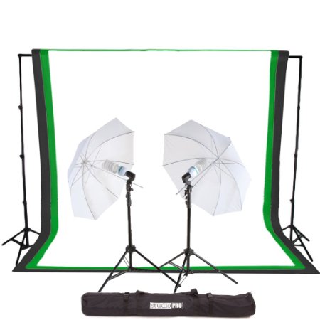 StudioPRO 450 Watt Photography Light Photo & Video Studio Umbrella Continuous Lighting Kit, 6FT. x 9FT. Black, White & Green Chroma key Photo Backdrops Includes Background Support Kit