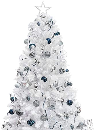 Busybee 7ft Artificial Christmas Tree with 360 LEDs Lights and 135pcs Ornaments Blue and White Christmas Decorations including Full Artificial Christmas Tree Baubles Ornaments USB LED String Lights