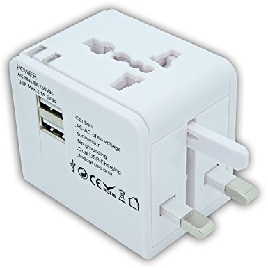 CA613(2100mA) Worldwide Universal International Travel Adapter By CRAZY AL’S, with 2 USB Charging Ports & Universal AC Socket,suitable for Apple, Samsung, Sony, Blackberry, HTC,etc. Black White (White)