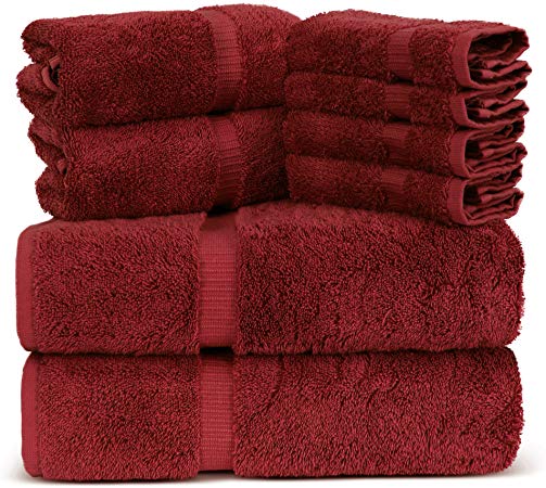 Towel Bazaar Luxury Hotel and Spa Quality Dobby Border 100% Turkish Cotton Eco-Friendly and Highly Absorbent Towel Set (Set of 8, Cranberry)