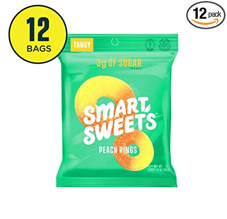 SmartSweets Peach Rings 1.8 oz bags (box of 12), Candy with Low-Sugar (3g) & Low Calorie (80)- Free of Sugar Alcohols & No Artificial Sweeteners, Sweetened with Stevia