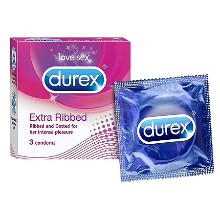 Durex Extra Ribbed Condoms for Men - 3 Count |Dotted and Dotted for Extra Stimulation|Suitable for use with lubes & toys