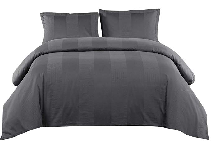 PHF Cotton Waffle Duvet Cover Set Lightweight with Sateen Stripes Hotel Luxury Bedding Set 3 Pieces Queen Size Dark Grey