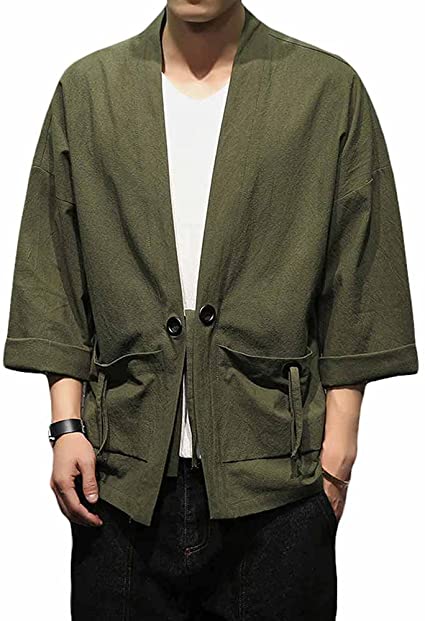 PRIJOUHE Men's Japanese Style Kimono Cardigan Jacket Cotton Blends Linen Seven Sleeves Solid Color Open Front Coat