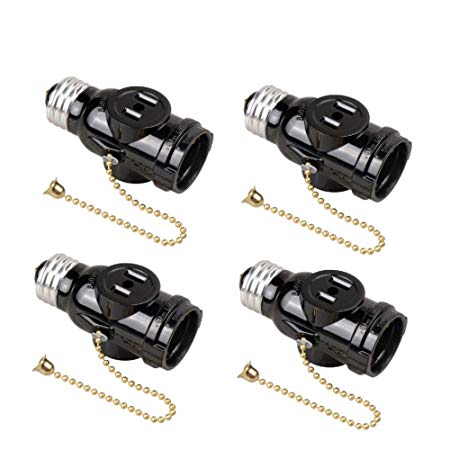 Onite E26 to 2 Outlet Socket Adapter, Light Holder Splitter, Pull Chain Switch Black, 4-Pack