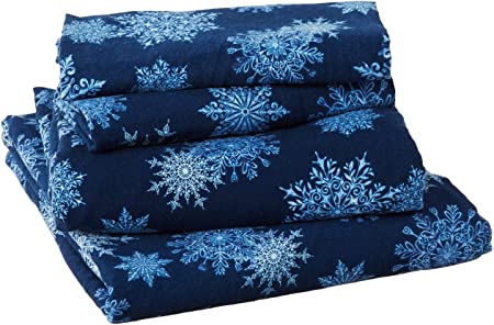 Pointehaven Flannel Deep Pocket Set with Oversized Flat Sheet, Queen, Snow Flakes Navy