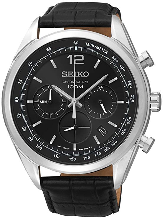 Seiko Chronograph Black Dial Stainless Steel Black Leather Mens Watch SSB097