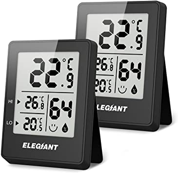 ELEGIANT Digital Thermometer Hygrometer(2 Pack), Mini Thermometer and Humidity Monitor with LCD Display Comfort Indicator, Monitor Temperature Humidity for Home Office Nursery Comfort Kitchen, Black