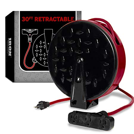 30Ft Retractable Extension Cord Reel with 3 Electrical Power Outlets - 16/3 Durable Crimson Cable - Perfect for Hanging from Your Garage Ceiling