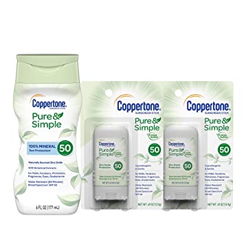 Coppertone Pure & Simple SPF 50 Lotion (6 Oz)   Two Pure & Simple SPF 50 Stick Sunscreens (2x .49 Oz), 6.49 Fl Oz.