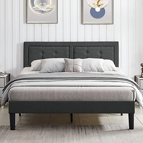 VECELO Queen Size Bed Frame with Height Adjustable Upholstered Headboard/Platform Mattress Foundation/Strong Slat Support/No Box Spring Needed, Grey