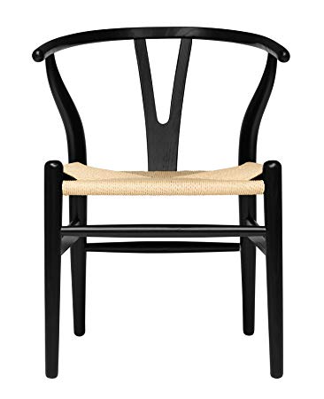 Hans Wegner Wishbone Style Woven Seat Chair (Black with Natural Cord)