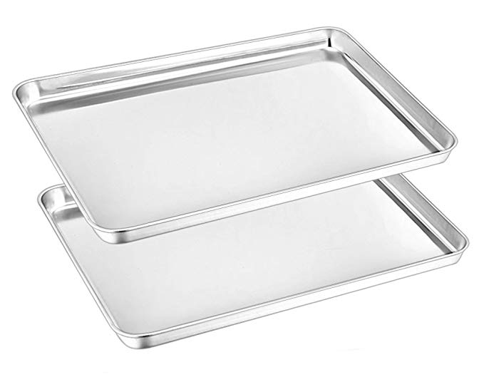 Large Baking Sheet Set of 2, P&P Chef Stainless Steel Cookie Sheet Baking Pan Tray, Rectangle 16’’x12’’x1’’, Non Toxic & Heavy Duty, Mirror Polish & Easy Clean