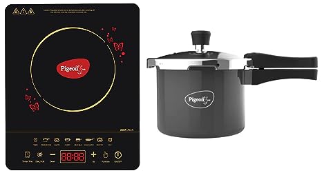 Pigeon by Stovekraft ABS Plastic Acer Plus Induction Cooktop 1800 Watts with Feather Touch Control & Pigeon Hard Anodised Pressure Cooker Outer Lid with Induction Base 3 Litre