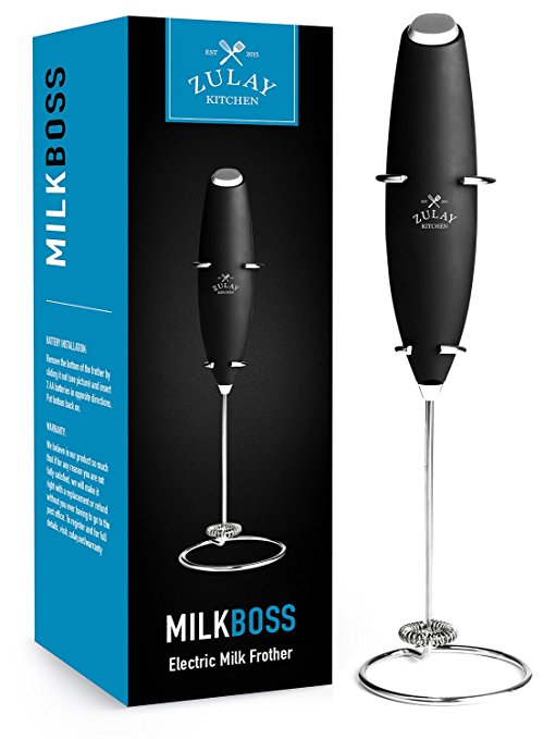 Zulay Milk Frother - Handheld Electric Drink Mixer, Mini Blender and Foamer, Battery Cappuccino Maker for Coffee, Frappe, Latte, Matcha, Hot Chocolate - Stainless Steel Whisk & Stand Included