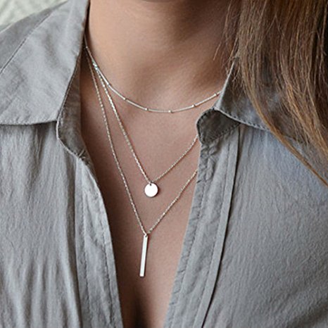 AKOAK 1 Pcs Silver Chic Bohemian Alloy Pendant Multilayer Bar Coin Necklace Clavicle Chains Charming Necklace