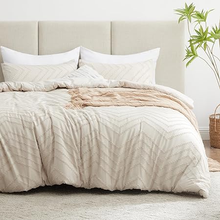 CozyLux Queen Comforter Set Beige - 3 Pieces Boho Tufted Shabby Chic Bedding Comforter Set for All Seasons, Chevron Bedding Sets with Comforter & 2 Pillow Shams