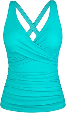 Hilor Women's Underwire Tankini Top Tummy Control Bathing Suits Sexy V Neck Crossover Swim Top Only