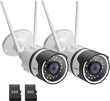 ZOSI 2pack C190 H.265  1080P WiFi Security Camera with 32GB SD Card, Two-Way Audio, IP67 Waterproof, 80ft Color Night Vision, AI Human Detection, Moiton Alert, Smart Light & Sound Alarm