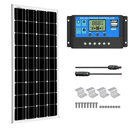 SUNGOLDPOWER 100Watt 12V Monocrystalline Solar Panel Solar Module Kit：1pcs 100W Mono Solar Panel 20A LCD PWM Charge Controller Solar MC4 Extension Cables Set of Z-Brackets