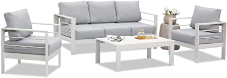Wisteria Lane Outdoor Patio Furniture Sets, 4 Piece Aluminum Sectional Sofa, White Metal Conversation Set with Grey Cushions
