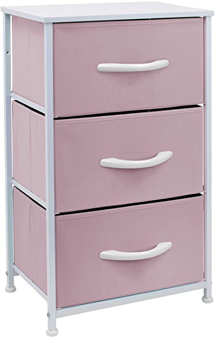 Sorbus Nightstand with 3 Drawers - Bedside Furniture & Accent End Table Chest for Home, Bedroom Accessories, Office, College Dorm, Steel Frame, Wood Top, Easy Pull Fabric Bins (Pastel Pink)