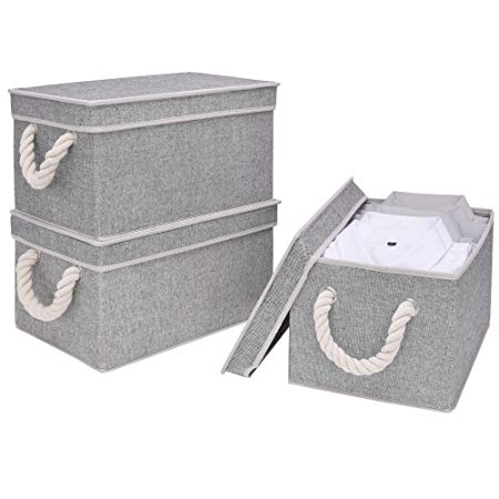 StorageWorks Storage Bins with Lids and Cotton Rope Handles, Rectangle Storage Basket, Gray, Large, 3-Pack