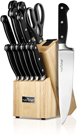 13 Piece Kitchen Knife Set - German Stainless Steel Kitchen Precision Knives Set w/ 6 Steak Knives & Bonus Scissors, Wooden Block Stand w/ Sharpener - Slicing, Chopping, Dicing - NutriChef NCKNS13