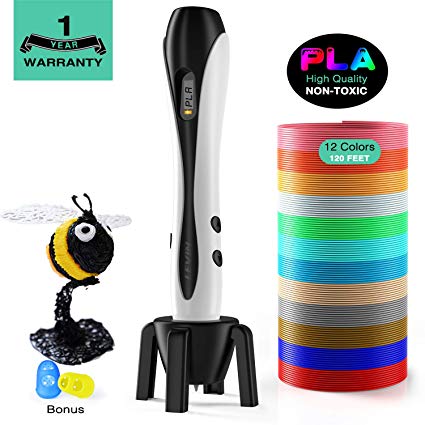 3D Printing Drawing Printer Pen -2019 Upgraded Non-Clogging Temperature Control 3D Pen with High-Precision 12 Colors 120 Feet PLA Filament Refills and Stencil Safe and Easy to Use for Kids Adults