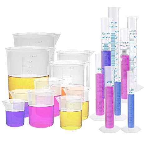 Bekith 18 Pack Plastic Clear Graduated Cylinders and Measuring Beakers Set, 10ml, 25ml, 50ml, 100ml Cylinders with 50ml, 100ml, 250ml, 500ml, 1000ml Beakers, Ideal for Science Lab