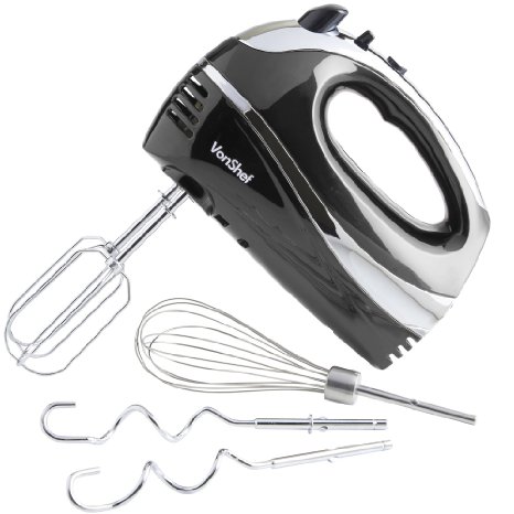VonShef Professional 300W Hand Mixer Black Free 2 Year Warranty - Includes Chrome Beaters Dough Hooks Balloon Whisk  5 Speed With Turbo Button