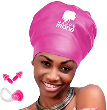 Happy Mane Silicone Swim Cap for Braids and Dreadlocks - Keeps Your Hair Dry While Swimming and Bathing Long Hair, Extensions, and Curly Hair - Large Shower Cap for Women, Teenager, Kids