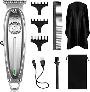 KEMEI 1949 Professional Hair Clippers for Men Zero Gap Trimmer Electric Cordless Beard/Hair Trimmer Rechargeable T-Blade Haircut Machine, Stylists and Barbers Grooming Kit with Cape, Silver