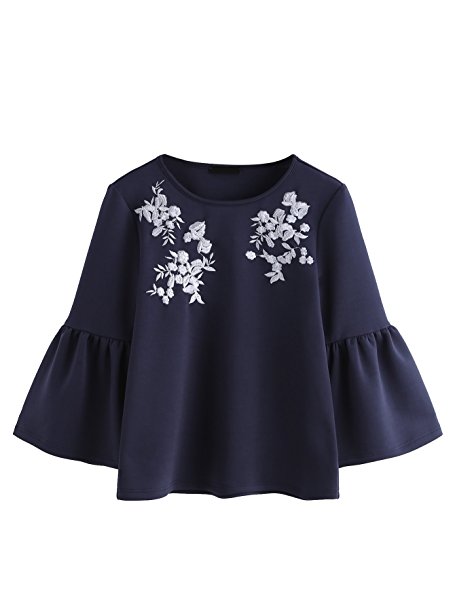 Romwe Women's Cute Round Neck Embroidered Bell Sleeve Blouse Top