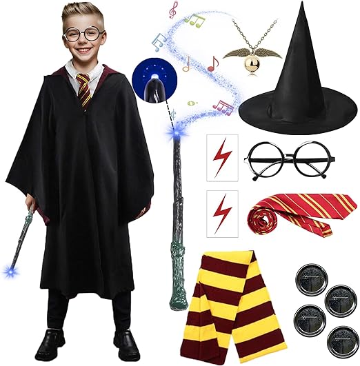 Magic Wizarding Costume Hooded with Tie Scarf Wand Glasses Hat Halloween Costume Cosplay