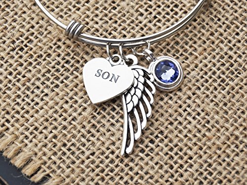 Memorial Jewelry, Loss of Son Bracelet, Sterling Silver Son Charm, Angel Wing, Birthstone, Sympathy Gift