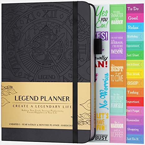 Legend Planner - Deluxe Weekly & Monthly Life Planner to Hit Your Goals & Live Happier. Organizer Notebook & Productivity Journal. A5 Hardcover, Undated - Start Any Time   Stickers - Black