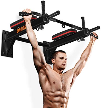 OneTwoFit Wall Mounted Pull Up Bar Chin Up Exercise Bar Gym Dip Station Home Full Body Trainer with Punching Bag Eyelet for Boxing Power Ropes