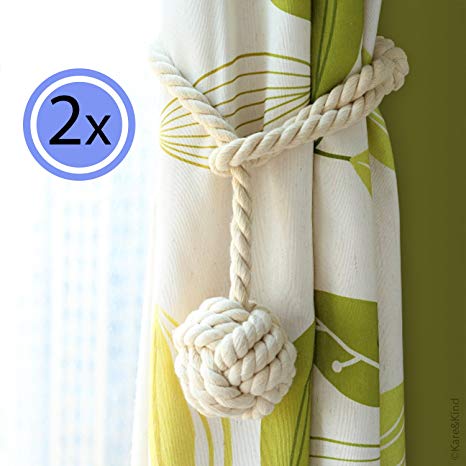 Curtain Rope Tiebacks - Easy Knot Loop Connection - Holds Your Window Drapes Open - Hand Knitted - Natural Cotton - Neutral Light Beige Color - One Pair (Set of 2) - Elegant Home Décor Solution