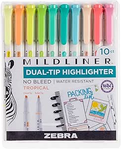 Zebra Pen Mildliner Double-Ended Highlighter Set, Broad and Fine Point Tips, No Bleed Assorted Tropical Bisque Ink Colors, 10-Pack (78301)