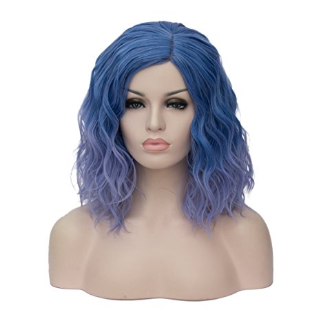 Mildiso Short Bob Wavy Curly Women Wigs Blue Synthetic Hair Cosplay Halloween Wigs with Wig Cap M004B