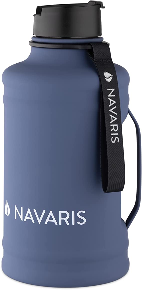 Navaris Half Gallon Water Bottle with Handle - 74 oz (2.2L) Stainless Steel Water Jug - Large Reusable Metal Drink Bottle for Sports, Gym, Hydration