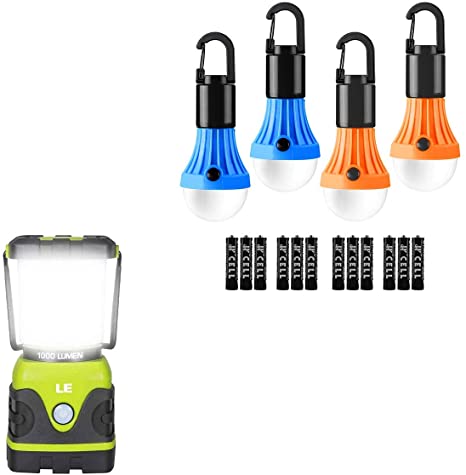 LE Bundle-2 Items: Battery Powered 1000 lumens Camping Lantern & 4 Packs Portable Camping Light Bulbs Battery Powered